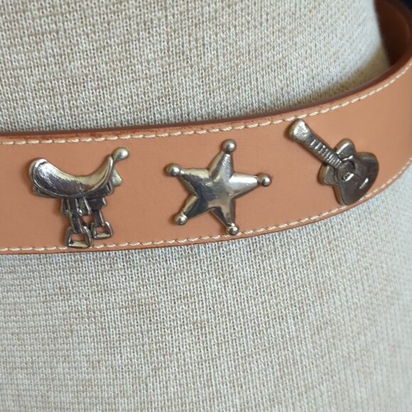 Vtg Prima Collezione By Leather Shop Western Belt Saddle Star & Guitar Size M-lp - Picture 6 of 12